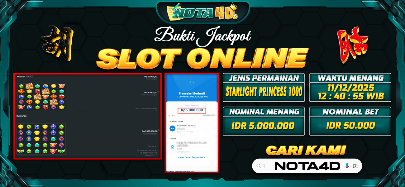 Bukti Kemenangan Besar Dibayar lunas Member NOTA4D RP 5.000.000, 11 Desember 2025