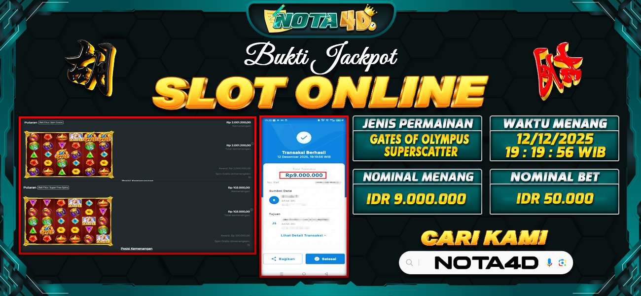 Bukti Kemenangan Besar Dibayar lunas Member NOTA4D RP 9.000.000, 12 Desember 2025