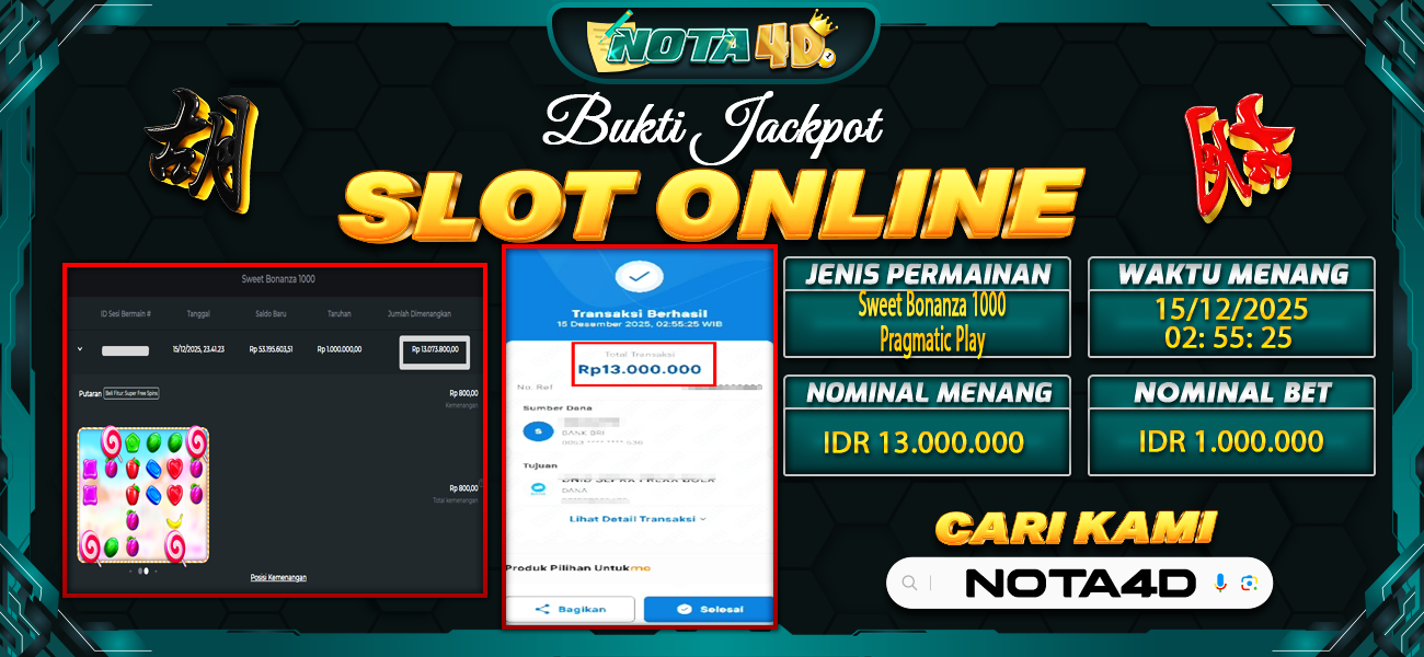 Bukti Kemenangan Besar Dibayar lunas Member NOTA4D RP 13.000.000, 16 Desember 2025