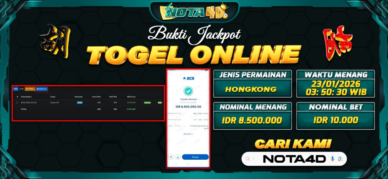 Bukti Kemenangan Besar Dibayar lunas Member NOTA4D RP 8.500.000, 23 Januari 2026